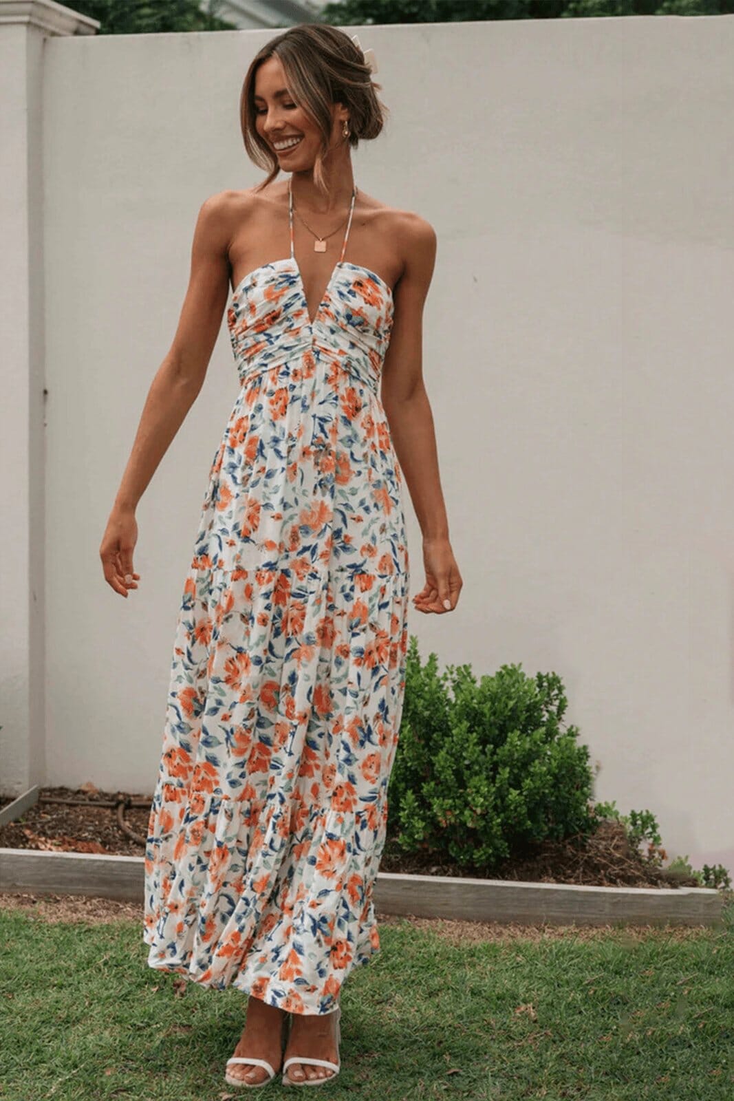 Floral Strapless Sweetheart Ruched Tiered Maxi Dress