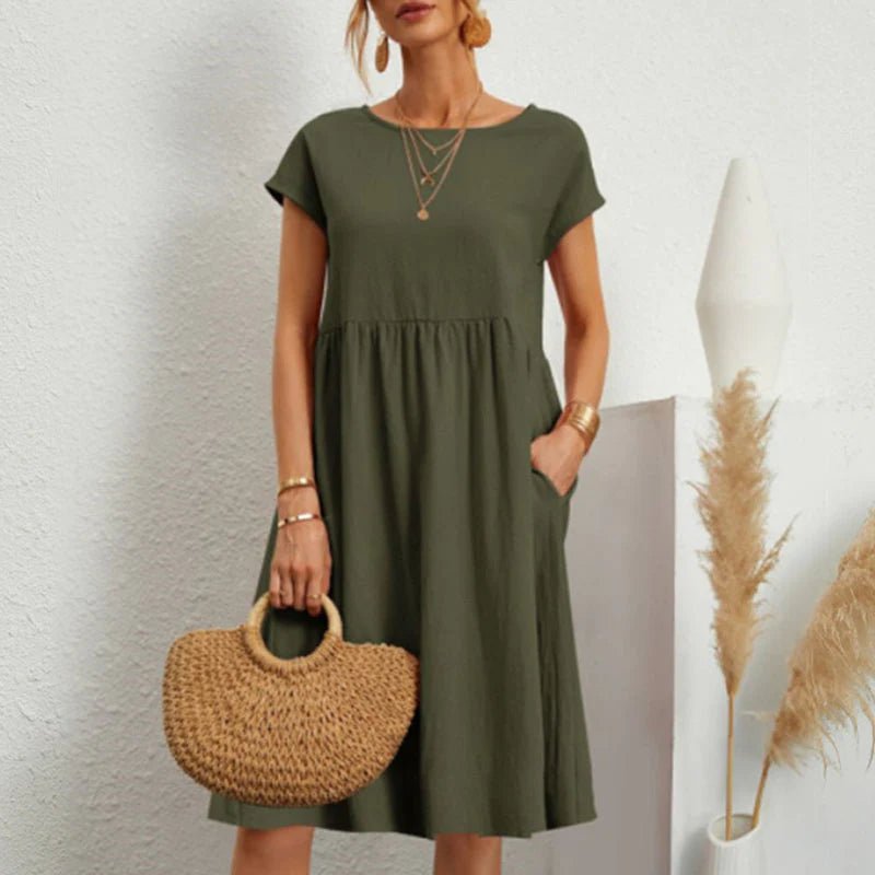 Round Neck Short Sleeve Smock Pocket Midi Dress - View 5