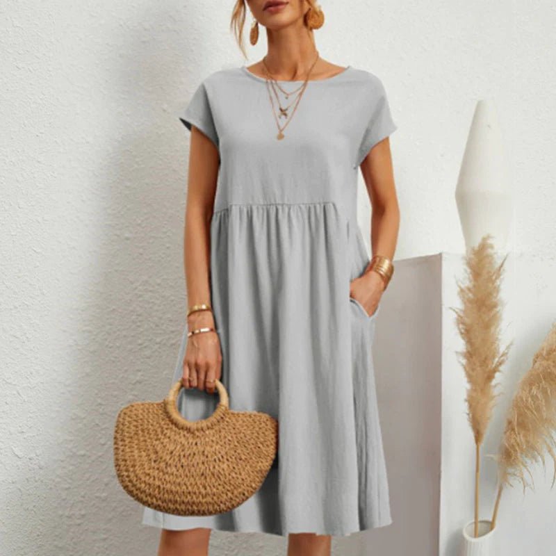 Round Neck Short Sleeve Smock Pocket Midi Dress - View 2