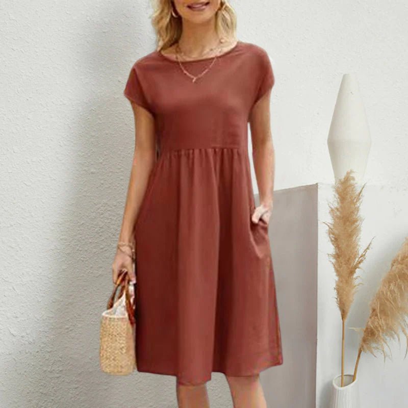 Round Neck Short Sleeve Smock Pocket Midi Dress - View 3