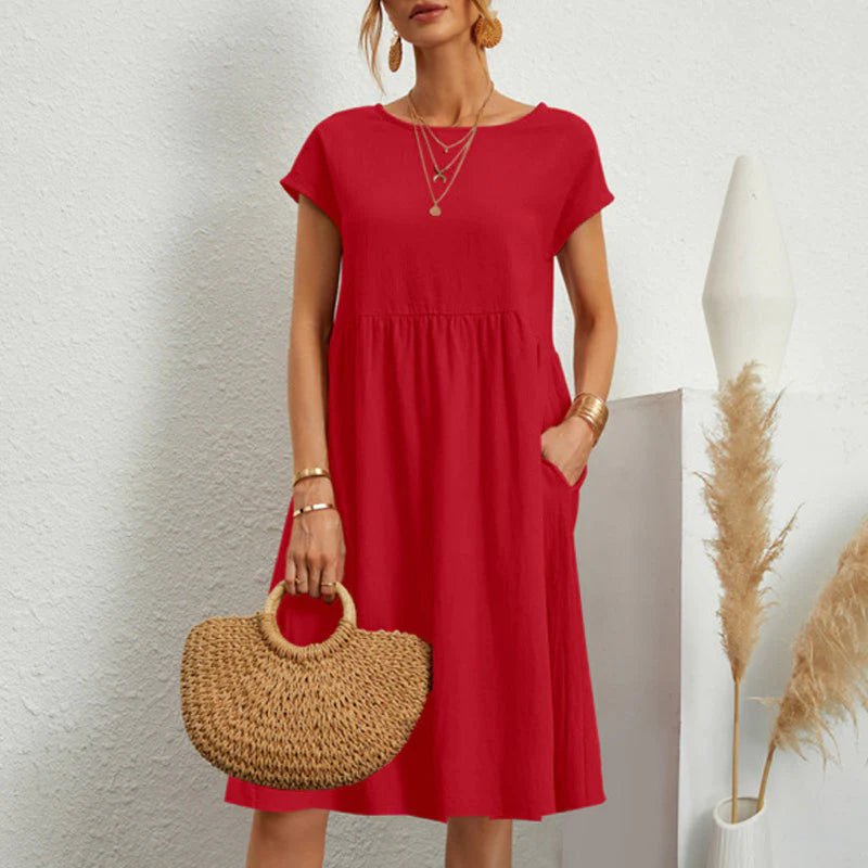Round Neck Short Sleeve Smock Pocket Midi Dress - View 8