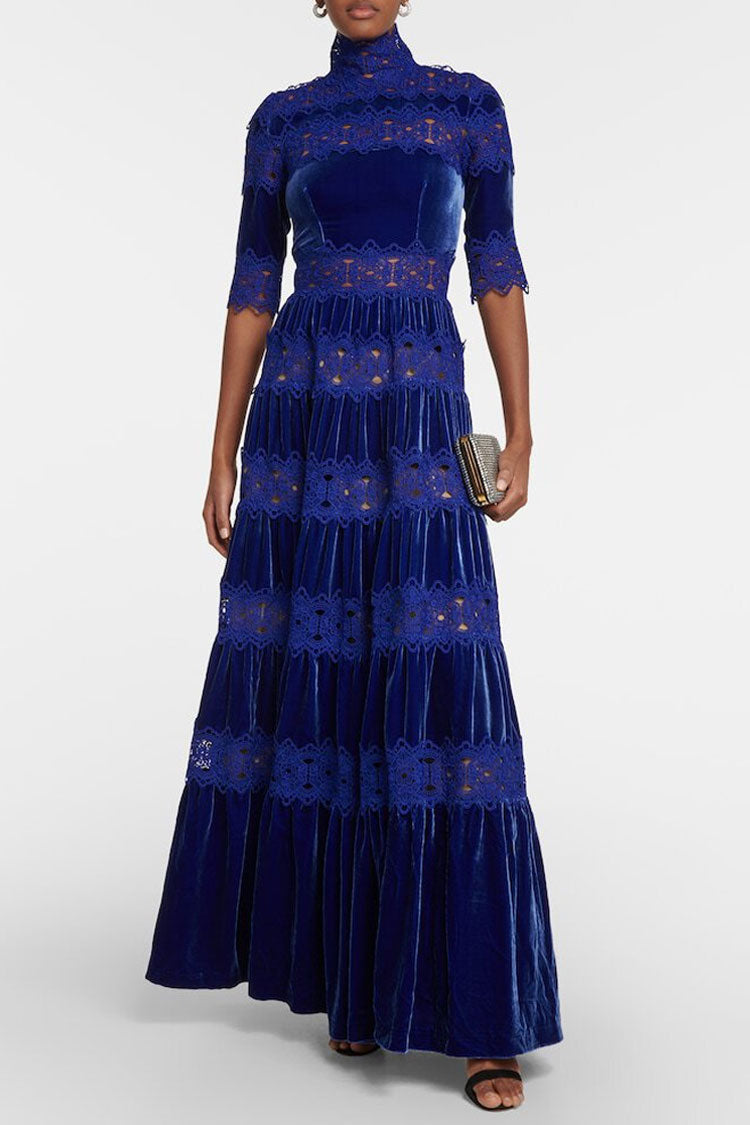Velvet High Neck Half Sleeve Lace Trim Tiered Maxi Dress