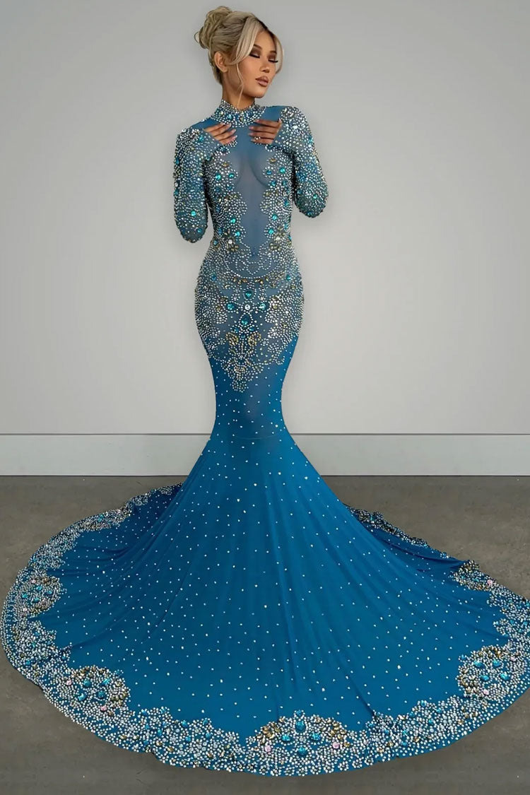 Rhinestone Long Sleeve Mesh High Neck Formal Maxi Gown