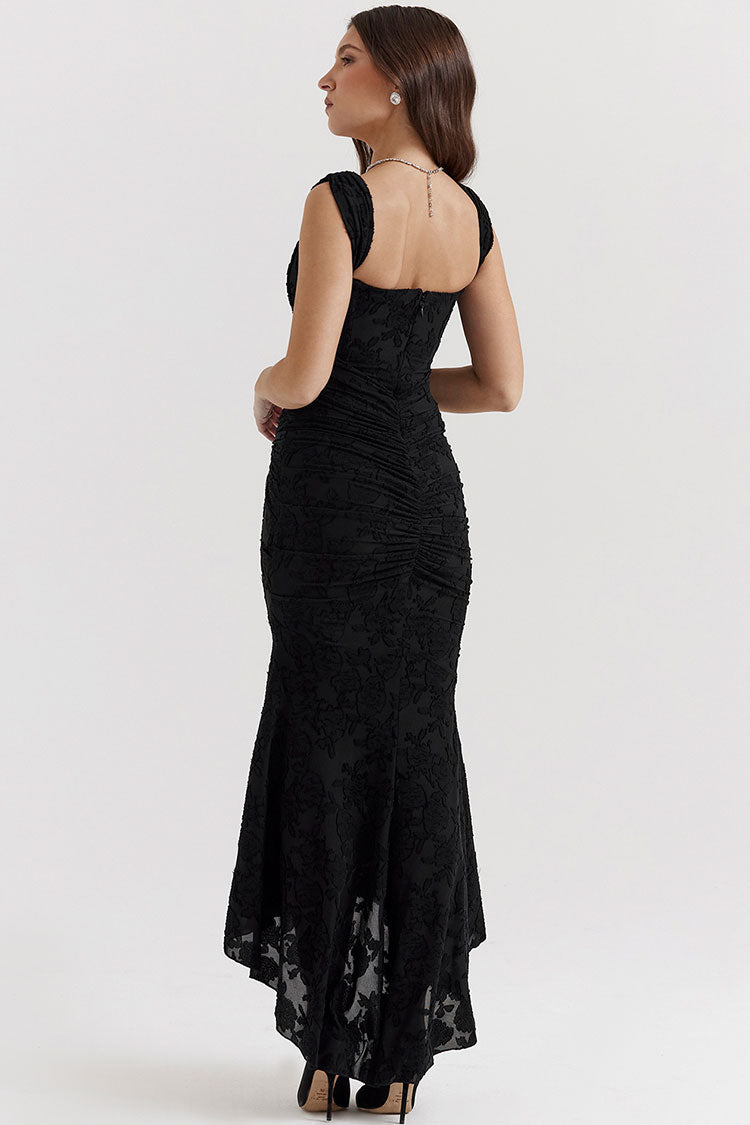Floral Square Neck Corset Ruched Fishtail High Low Maxi Dress in Black - View 5