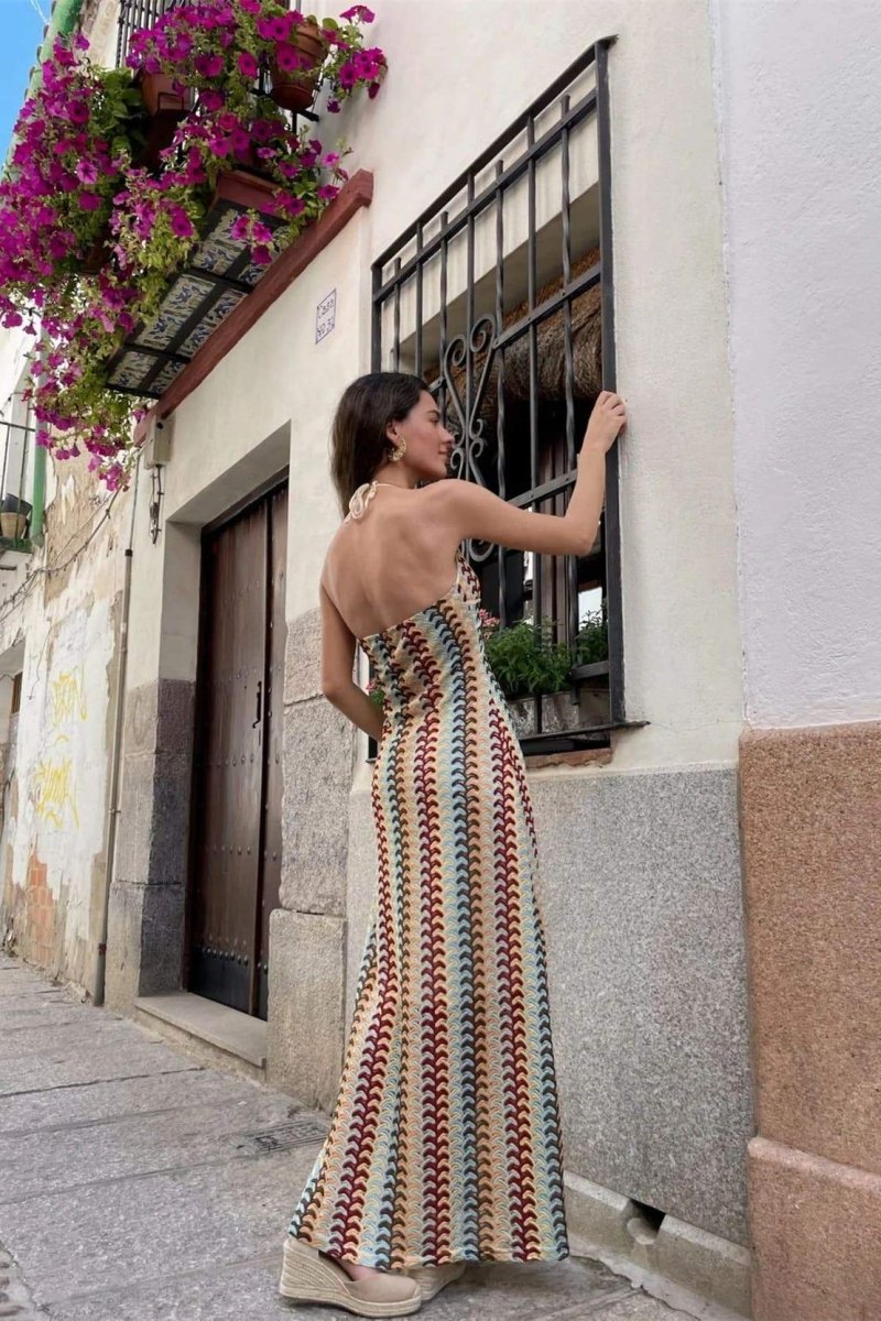 Crochet Halter Neck Deep V-Neck Zigzag Empire Waist Maxi Dress - View 6
