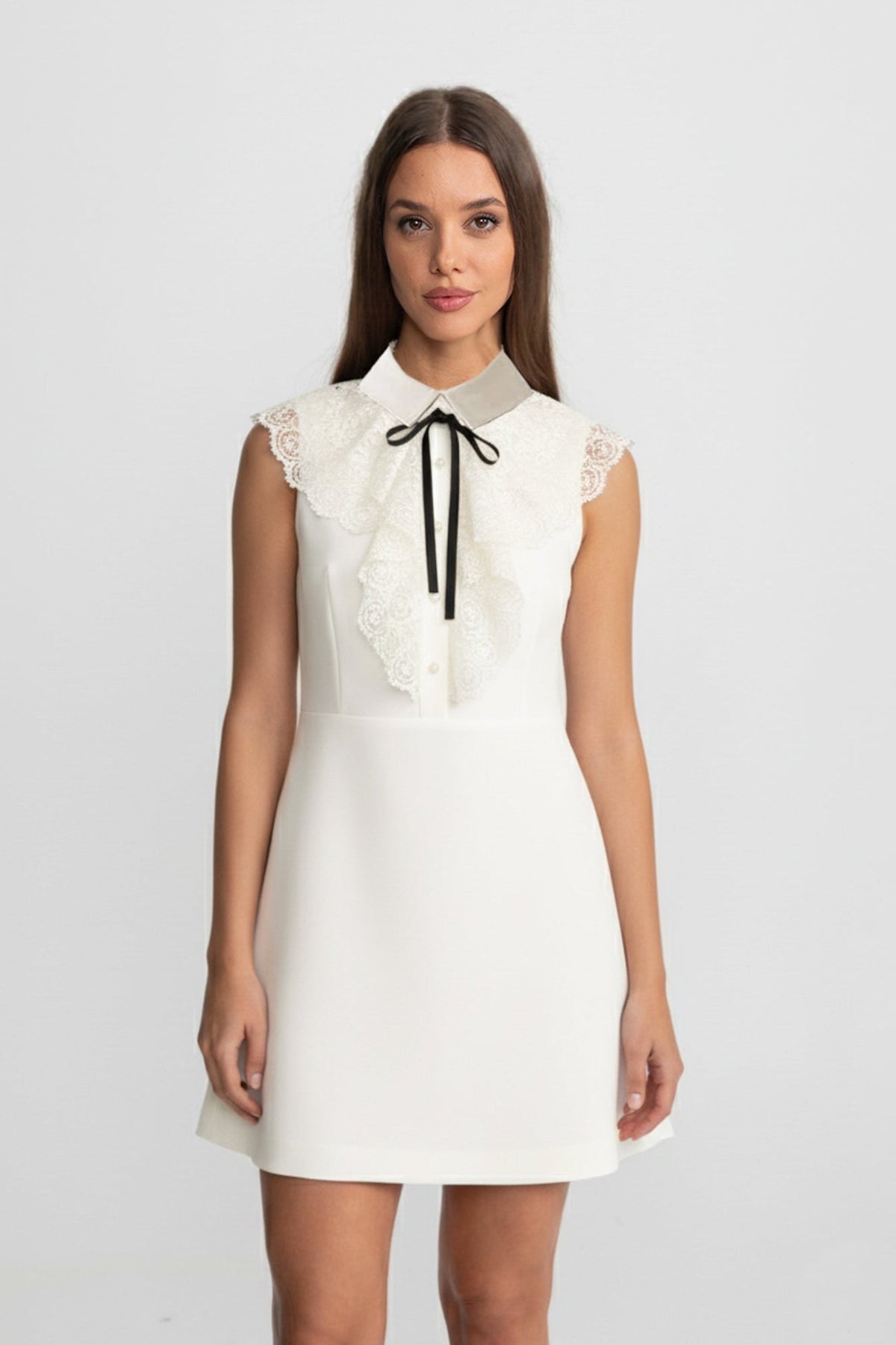 Sleeveless A-Line Mini Dress With Lace Bib Detail – Ivoire