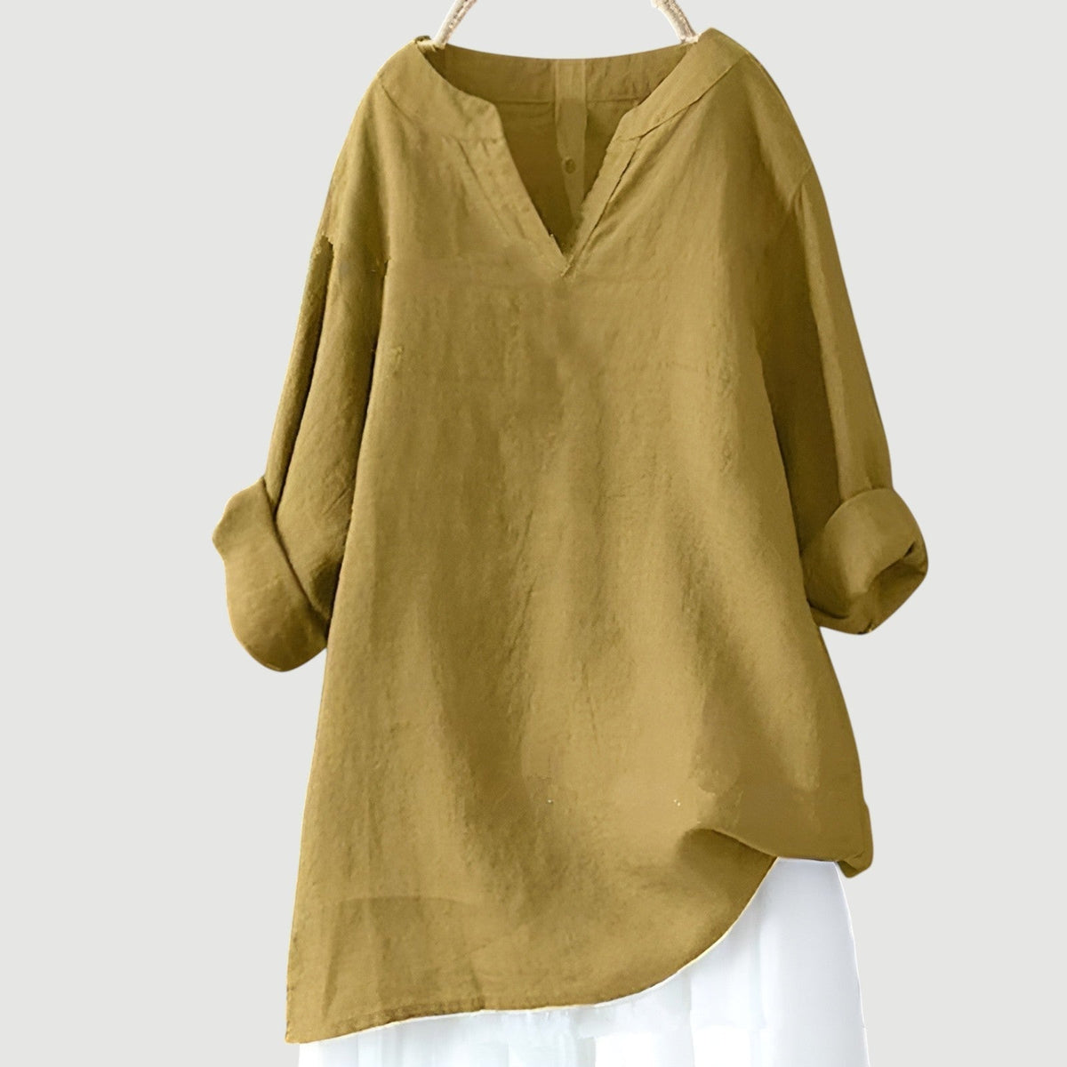 Split V-Neck Long Sleeve High Low Linen Blouse 4