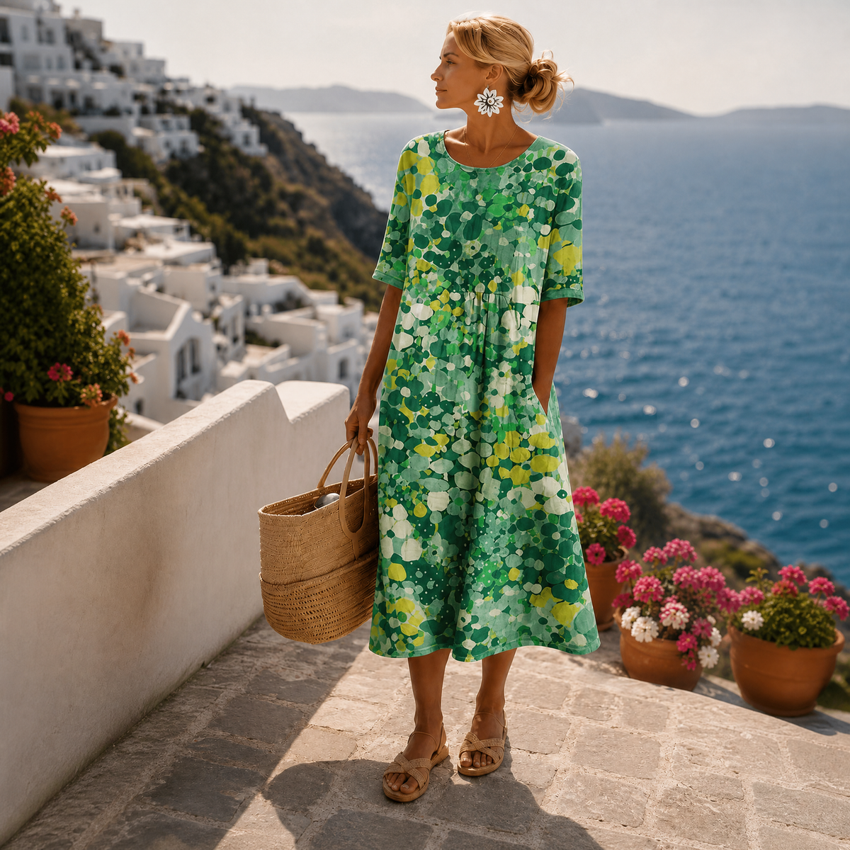 Floral Print Round Neck Short Sleeve Pocket Midi Dress 2