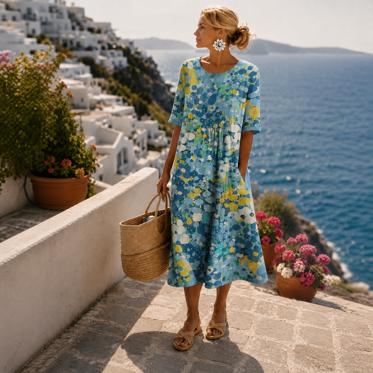 Floral Print Round Neck Short Sleeve Pocket Midi Dress 3