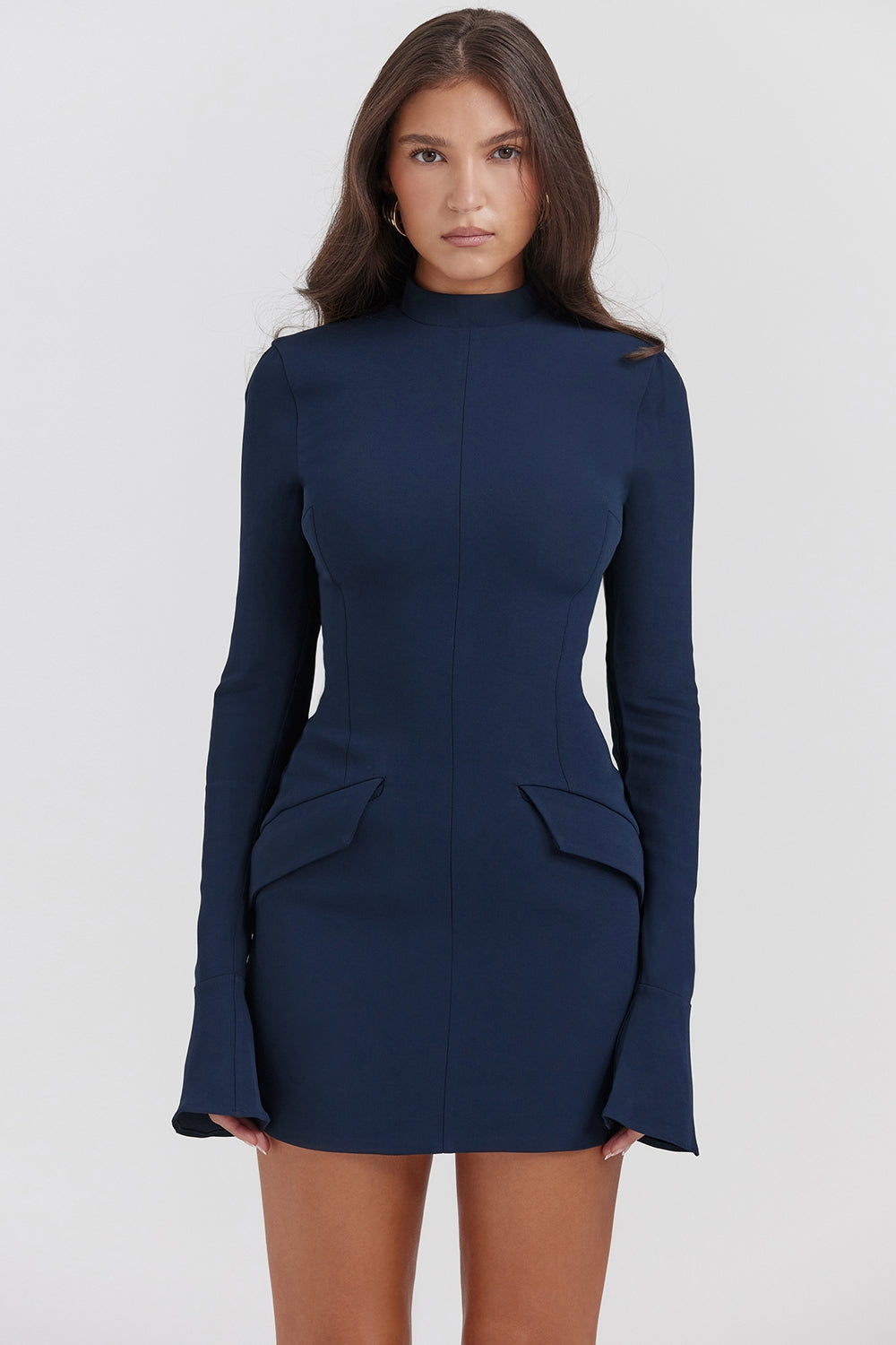 Mock Neck Bell Sleeve Pocket Flap Structured Bodycon Mini Dress