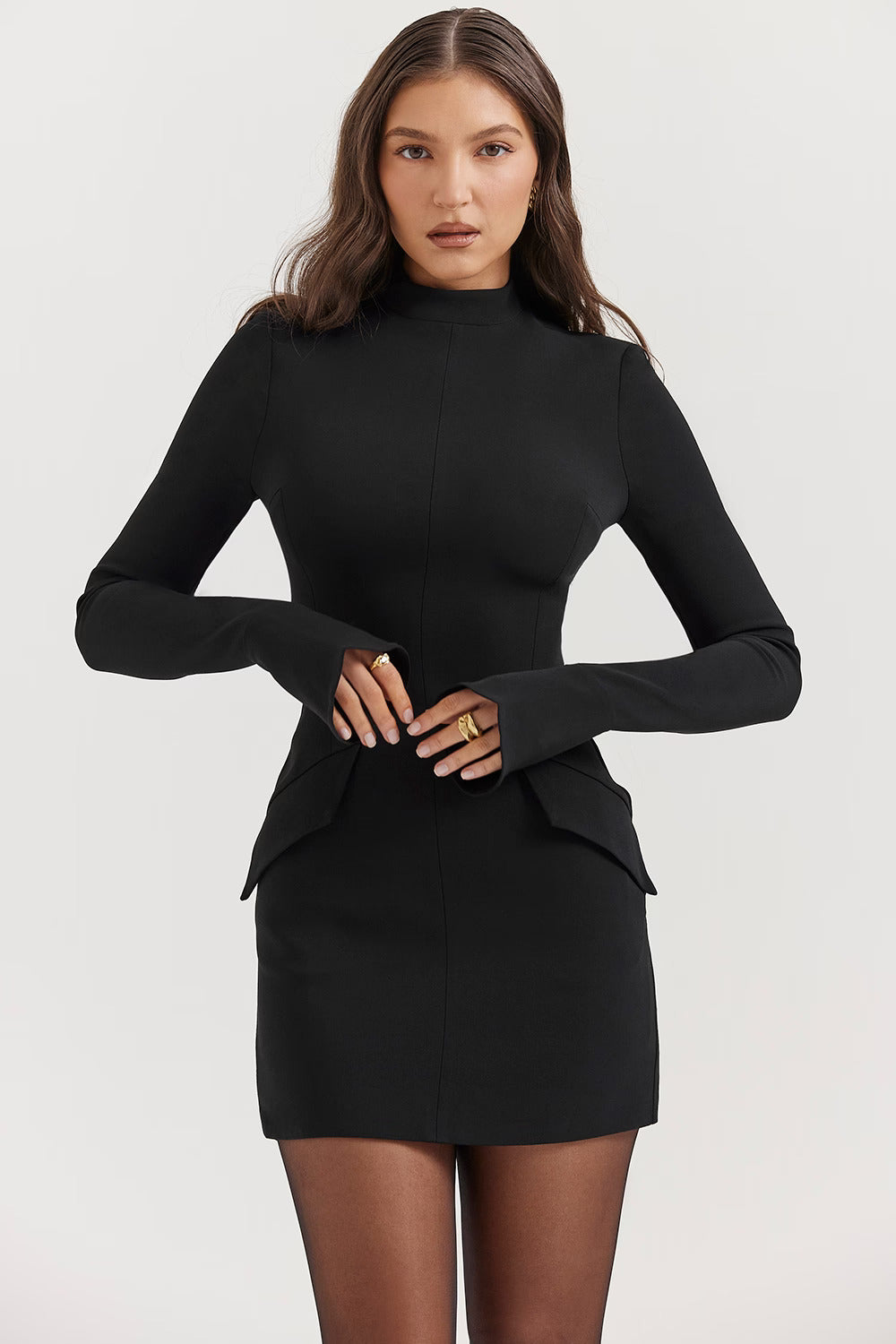 Mock Neck Bell Sleeve Pocket Flap Structured Bodycon Mini Dress - View 8