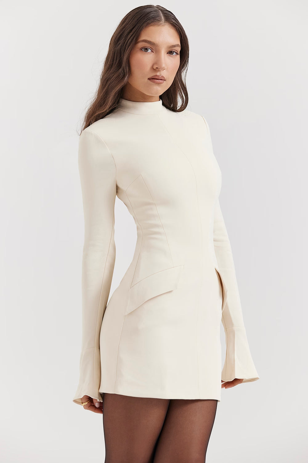 Mock Neck Bell Sleeve Pocket Flap Structured Bodycon Mini Dress - View 16