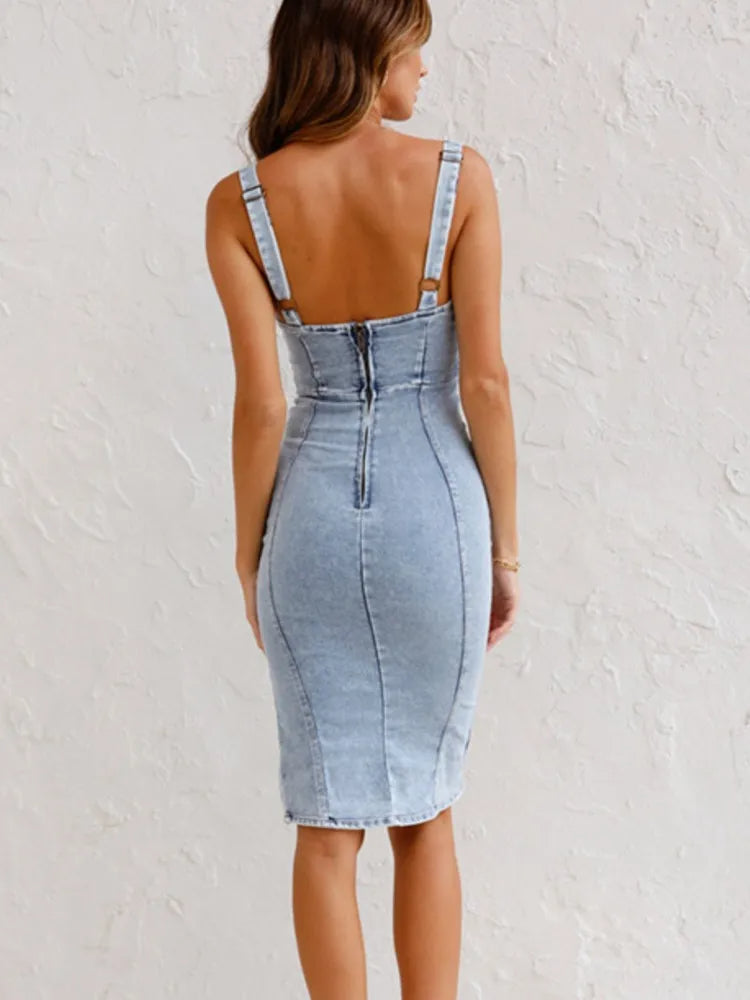 Denim Square Neck Zip Up Split Bodycon Midi Dress - View 3