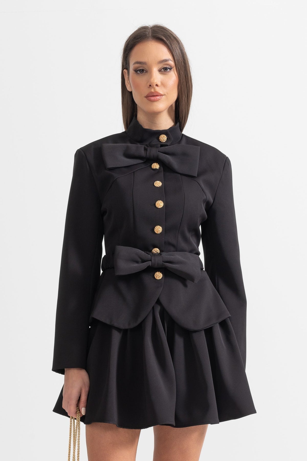 Stand Collar Metallic Button Dual Bow Peplum Pleated Mini Dress