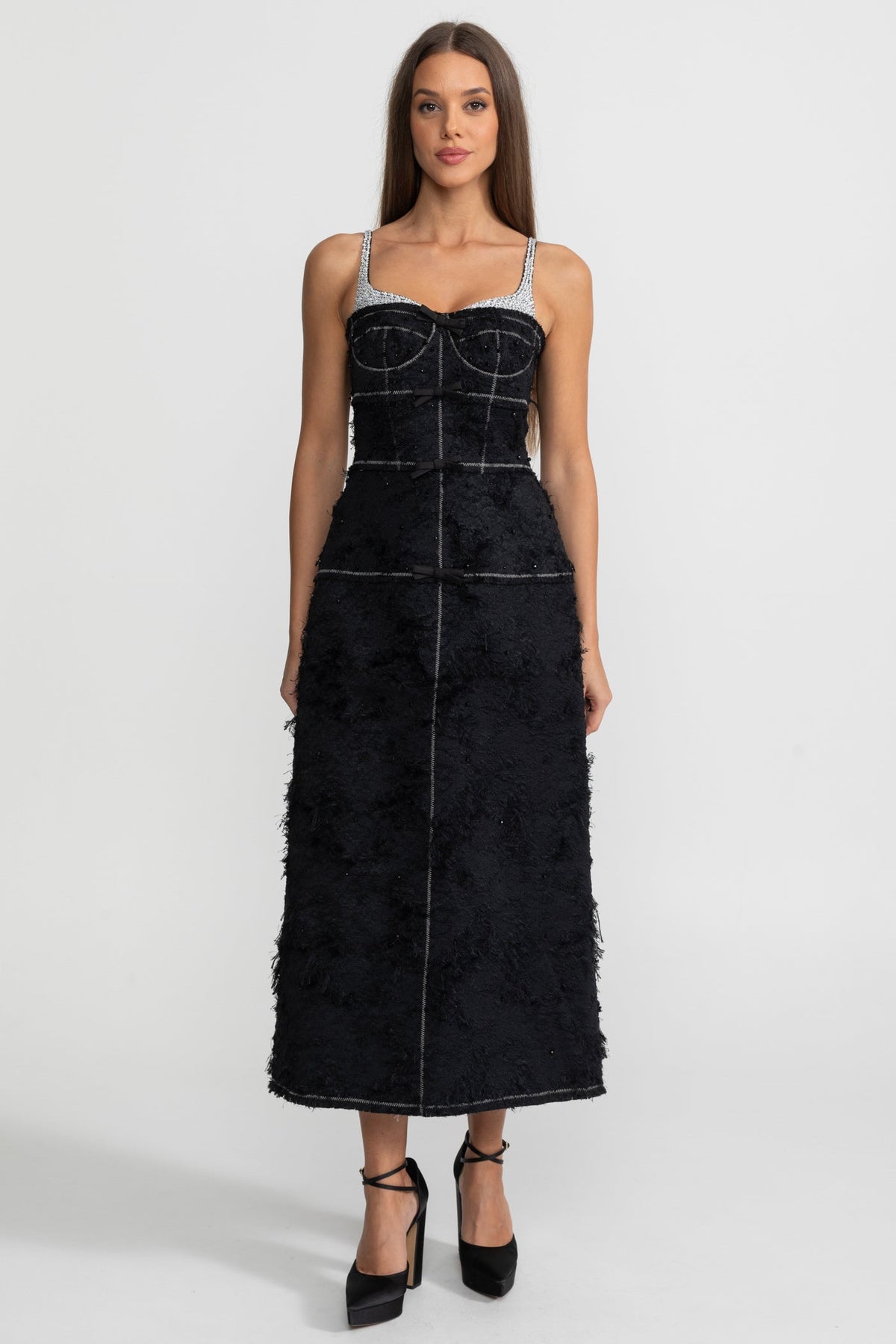 Tweed Sweetheart Corset Bodice Contrast Stitch Beaded Midi Dress