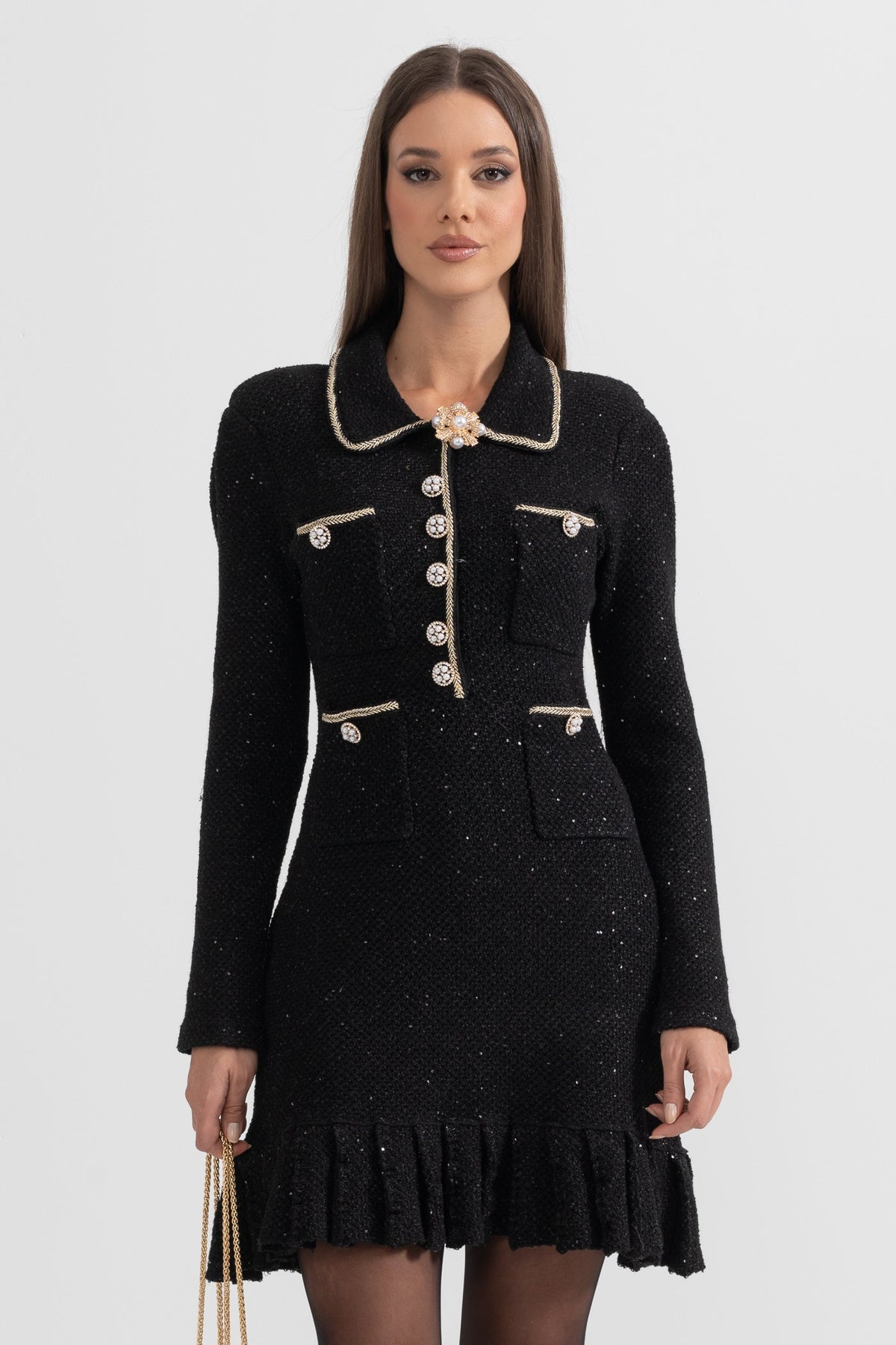 Tweed Pearl Collar Metallic Button Patch Pocket Mini Dress