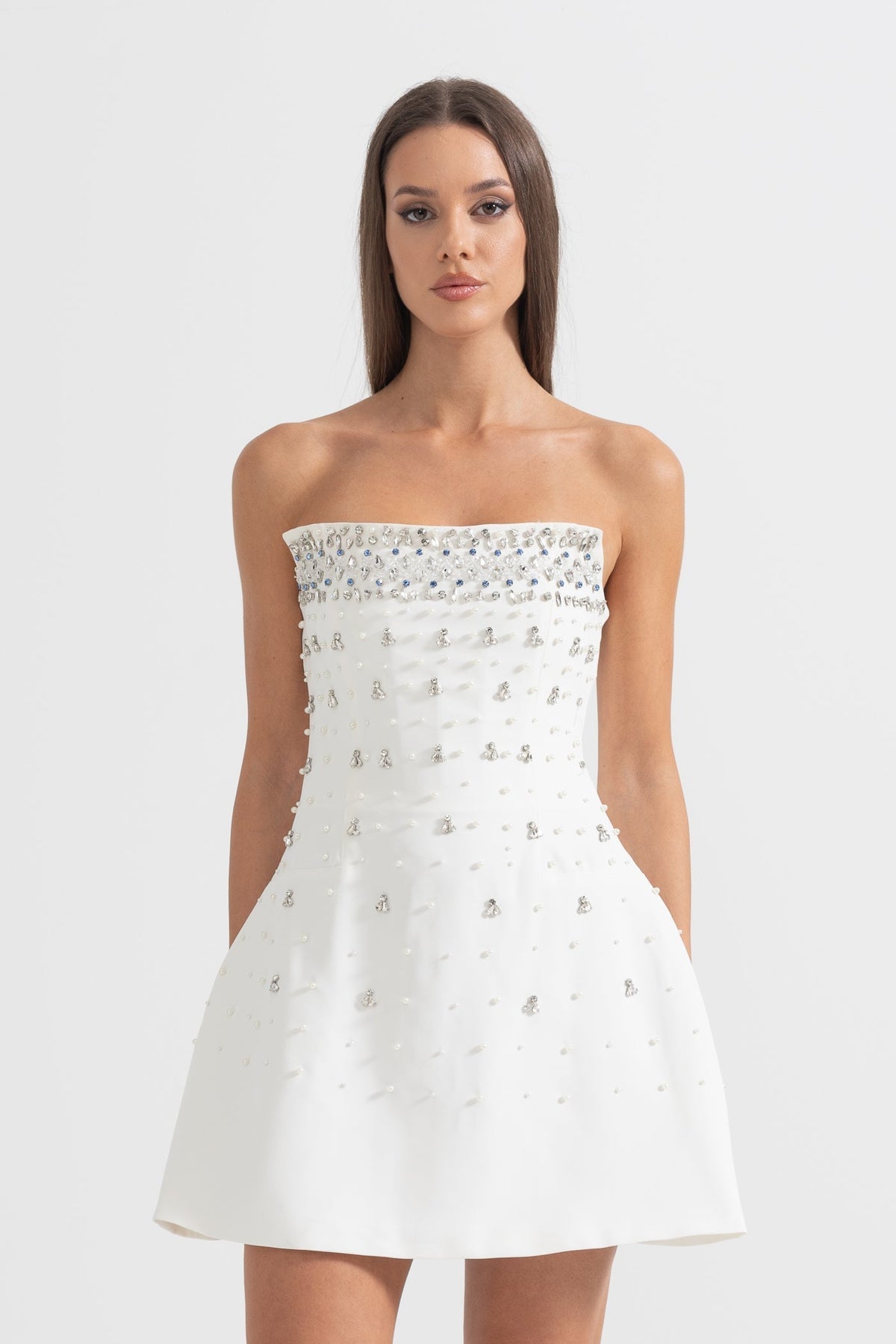 Strapless Pearl Crystal Embellished A-Line Mini Dress