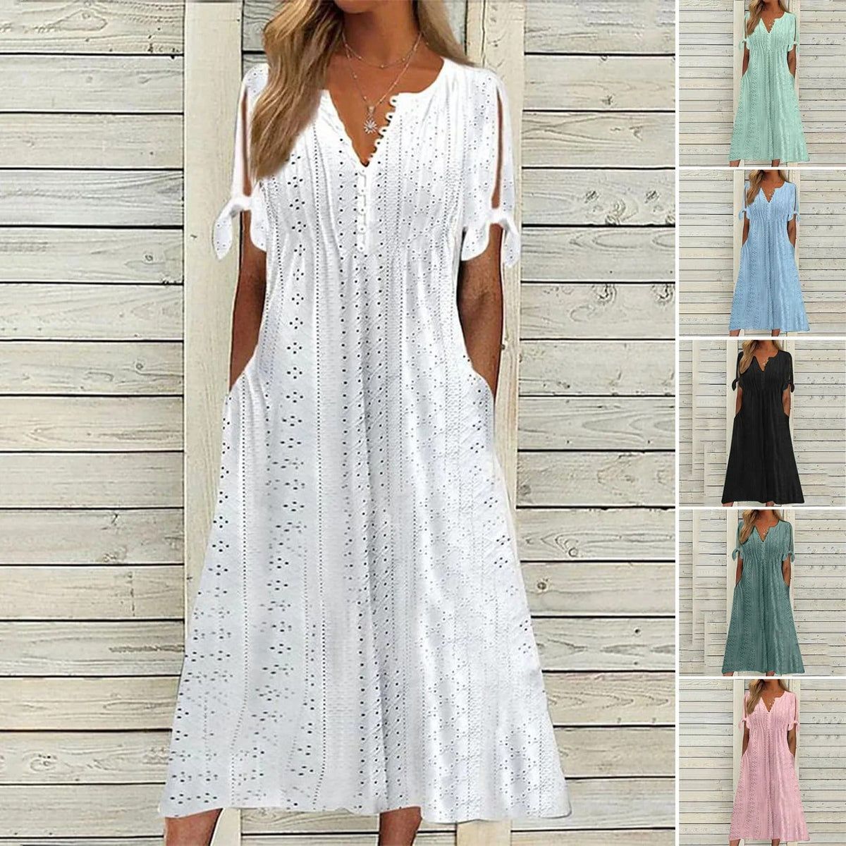 Eyelet Hollow Out V-Neck Button Front Tie Cuff A-Line Midi Dress