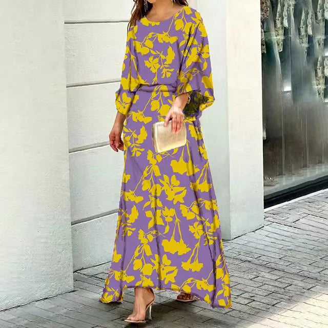 Crew Neck Lantern Sleeve Flowy Maxi Dress - View 3