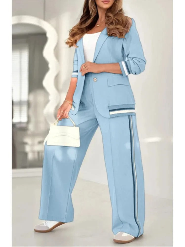 Striped Trim Blazer and Side Stripe Wide Leg Pants Two Piece Set 7