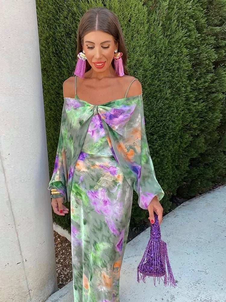 Spaghetti Strap Floral Print Satin Slip Midi Dress - View 2