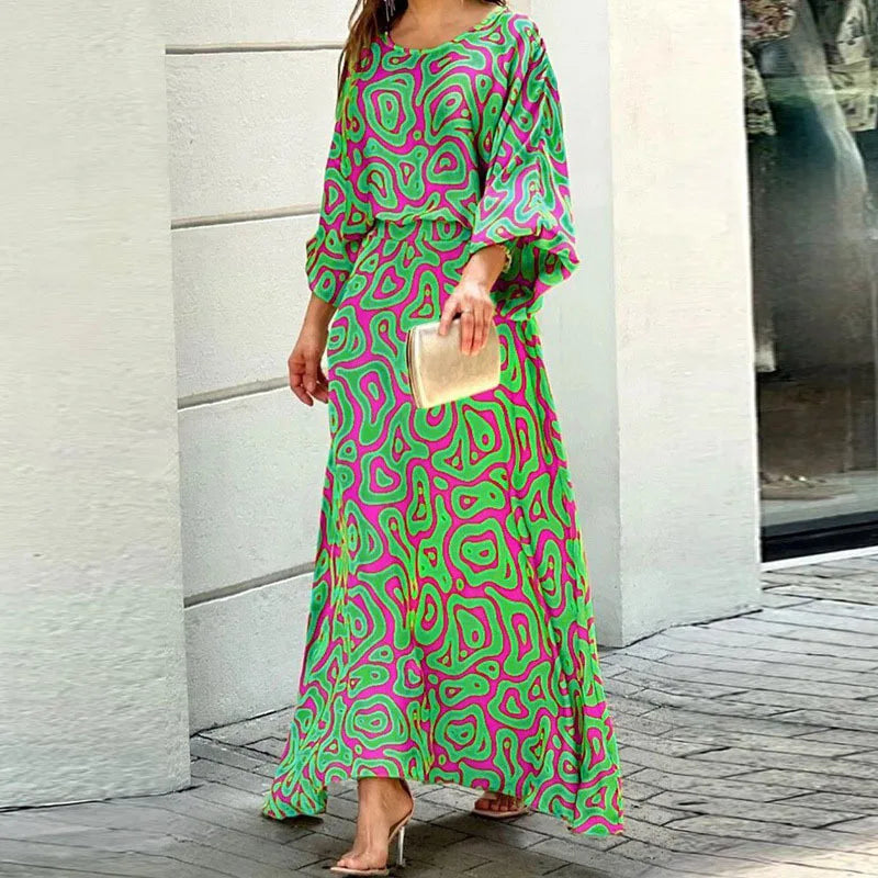 Round Neck Balloon Sleeve Elastic Waist Flowy Maxi Dress