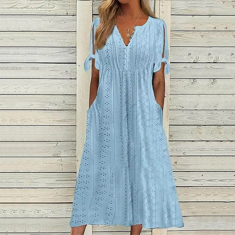Eyelet Hollow Out V-Neck Button Front Tie Cuff A-Line Midi Dress - View 4