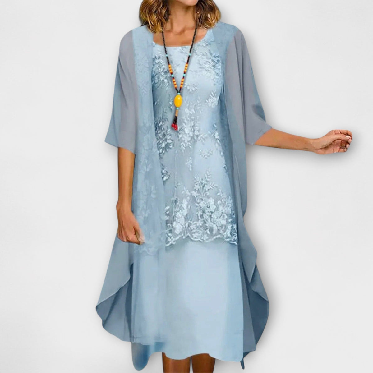 Floral Lace Overlay Dress and Chiffon Duster Two Piece Set 3