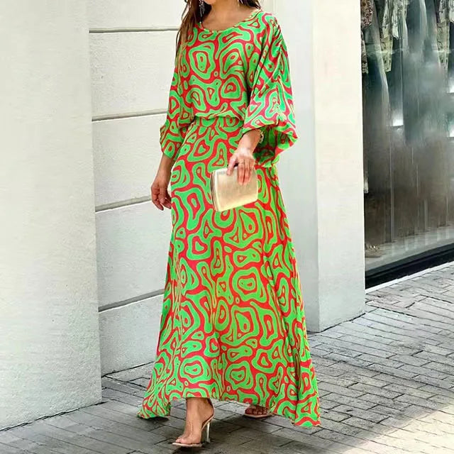 Crew Neck Lantern Sleeve Flowy Maxi Dress - View 2