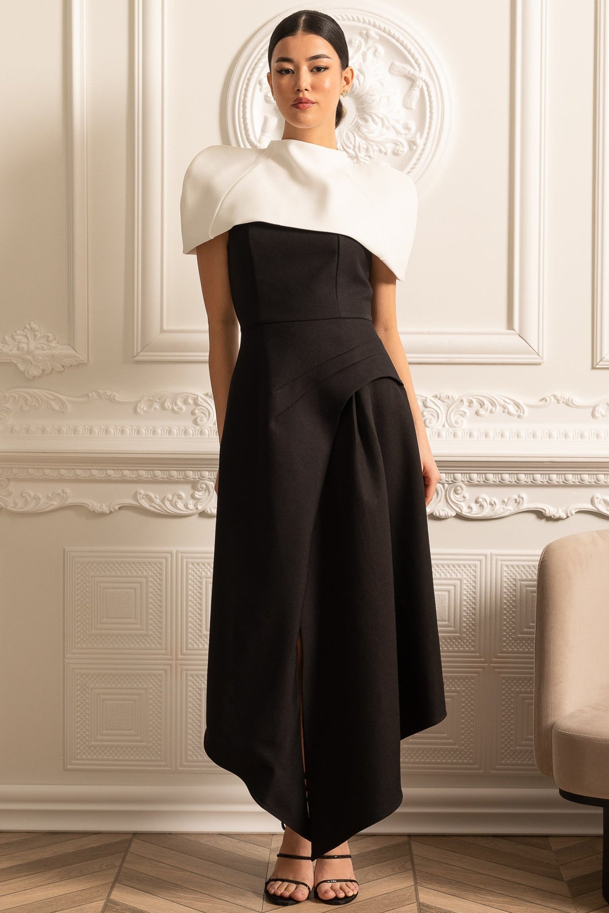 Structured Capelet Overlay Asymmetrical Wrap Drape Midi Dress
