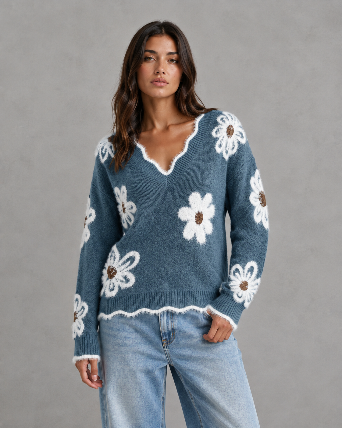 Floral Fuzzy Trim V-Neck Knit Sweater 8
