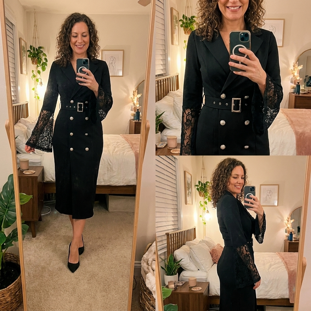 Double Breasted Belted Lace Bell Sleeve Blazer Midi Dress 7