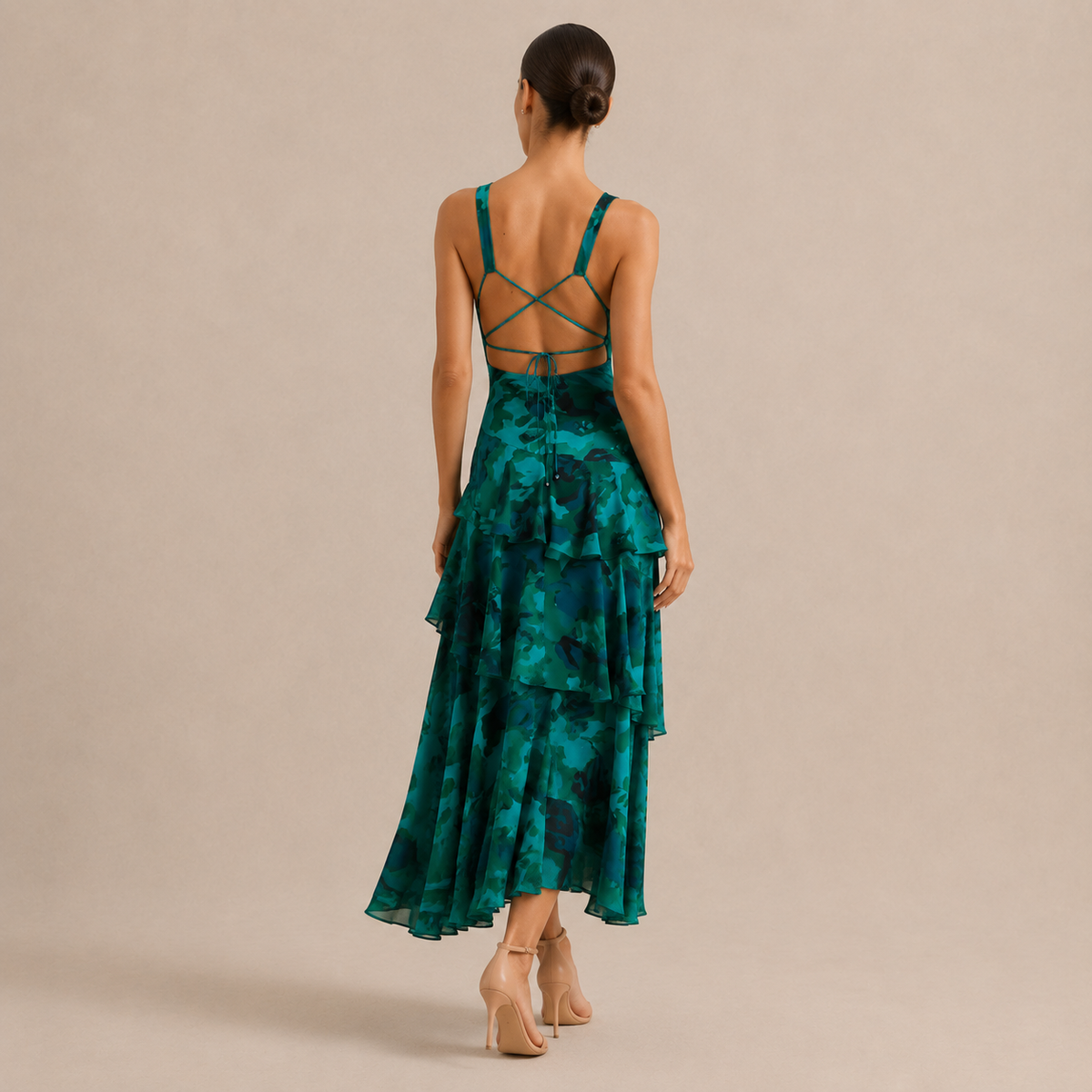 Floral Deep V-Neck Sleeveless Tiered Ruffle Maxi Dress 12