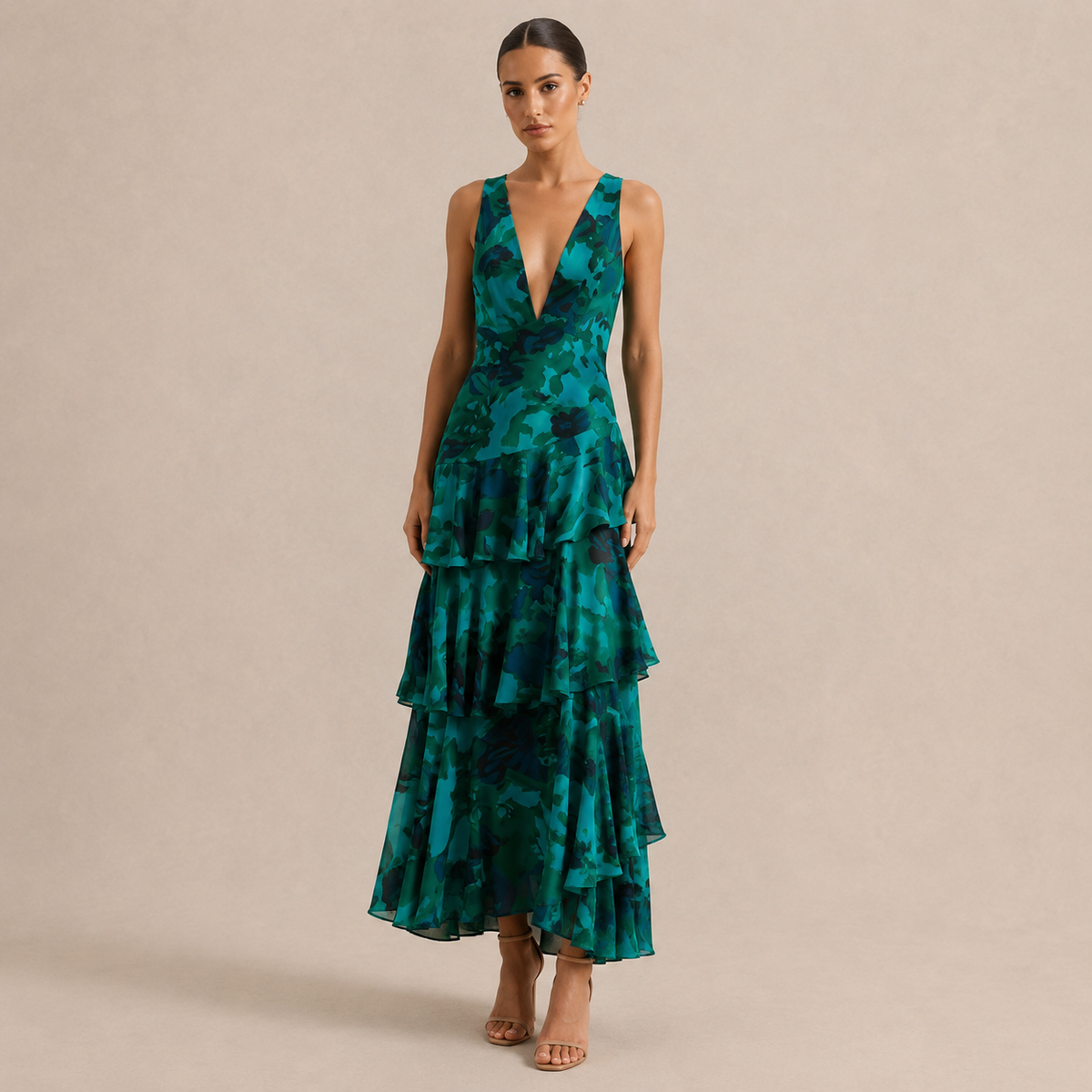 Floral Deep V-Neck Sleeveless Tiered Ruffle Maxi Dress 10