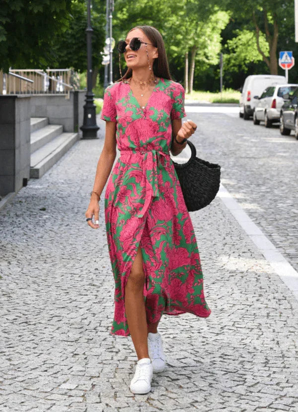 Floral Print V-Neck Short Sleeve Button Front Tie Waist Dress