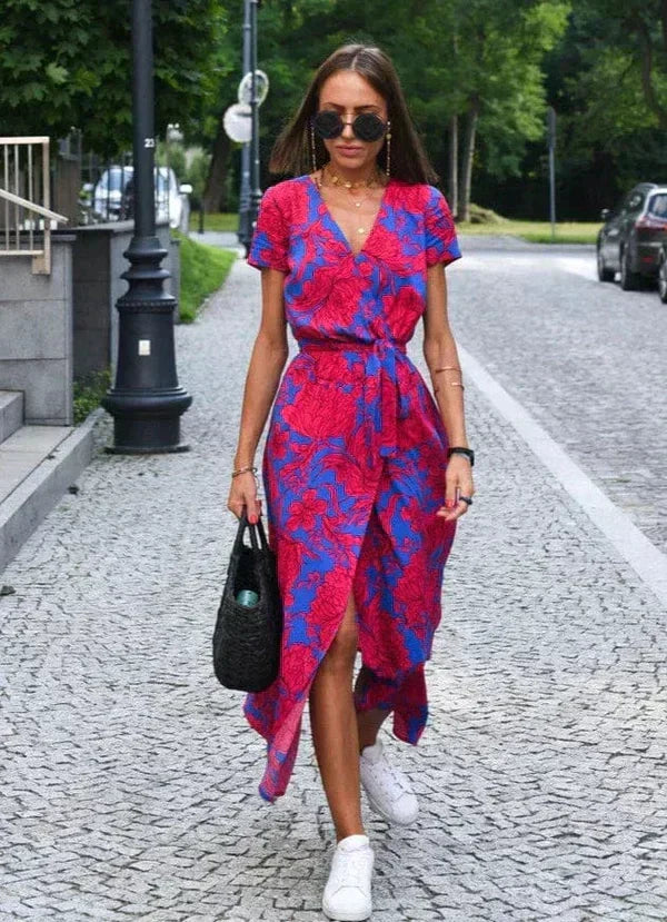 Floral Print V-Neck Short Sleeve Button Front Tie Waist Dress - View 2
