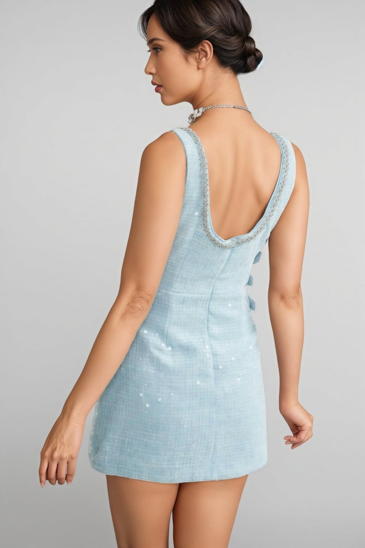 Sequin Tweed Square Neck Sleeveless Bodycon Mini Dress - View 6