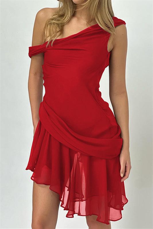 One Shoulder Ruched Chiffon Asymmetric Ruffle Hem Mini Dress