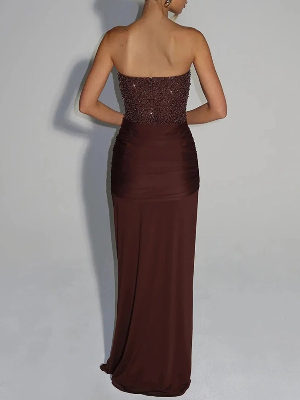 Sequin Strapless Sweetheart Corset Ruched Waist Draped Evening Gown - View 2