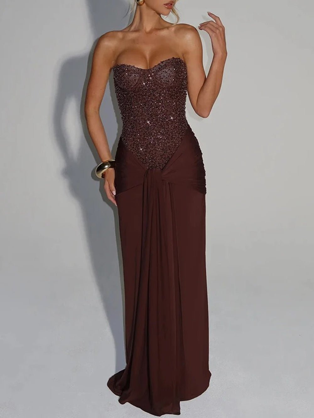 Sequin Strapless Sweetheart Corset Ruched Waist Draped Evening Gown - View 3