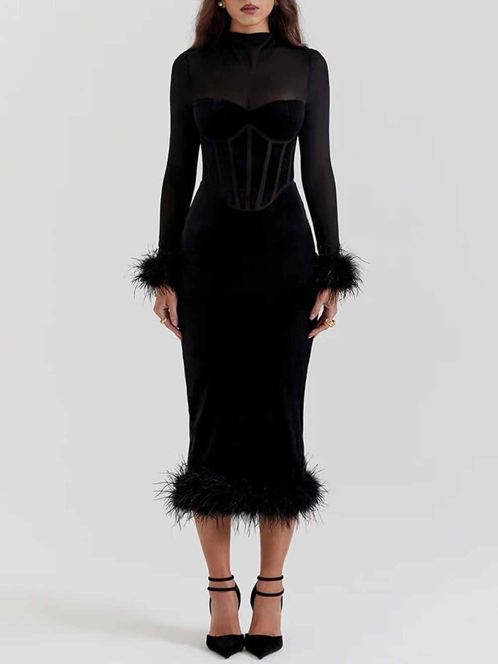 Velvet Long Sleeve Corset Feather Trim Bodycon Midi Dress