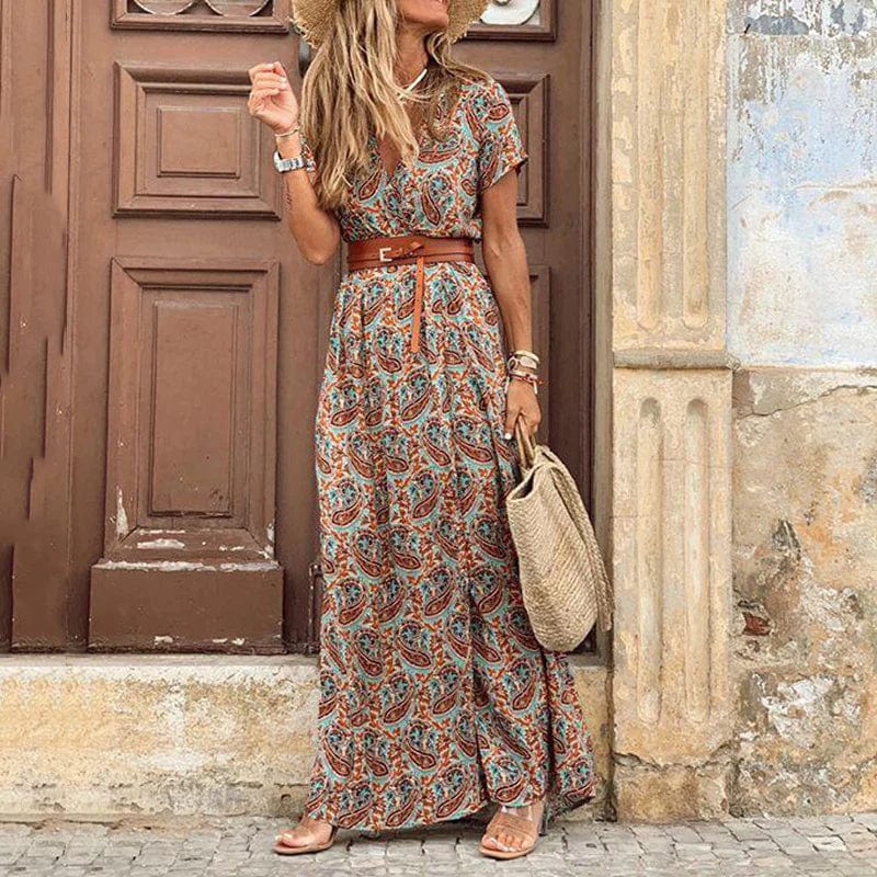 Paisley Print Deep V-Neck Short Sleeve Belted A-Line Maxi Dress