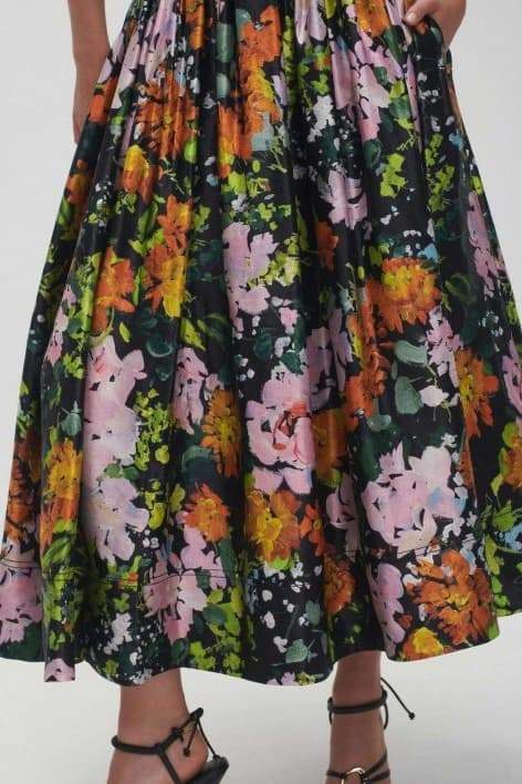 Satin Floral Print Deep V-Neck Puff Sleeve Ruched Midi Dress - View 4