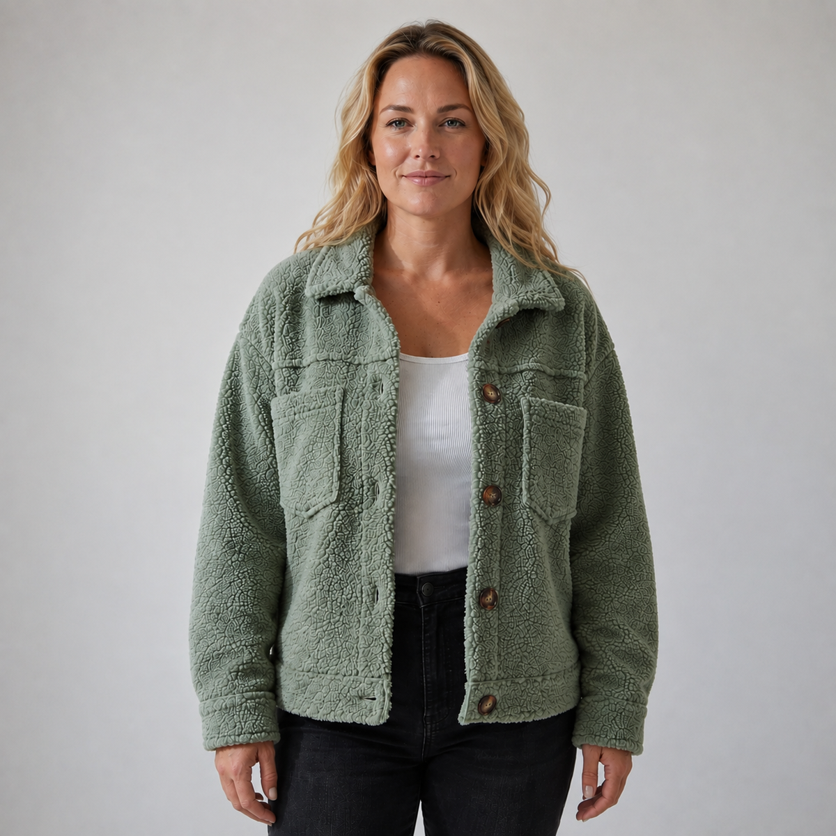 Collared Button Front Chest Pocket Sherpa Fleece Jacket