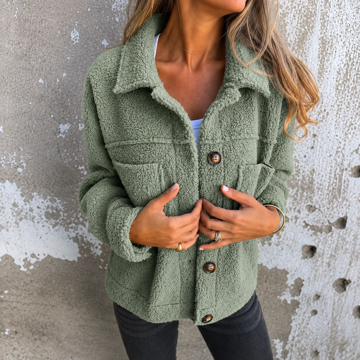 Collared Button Front Chest Pocket Sherpa Fleece Jacket 2