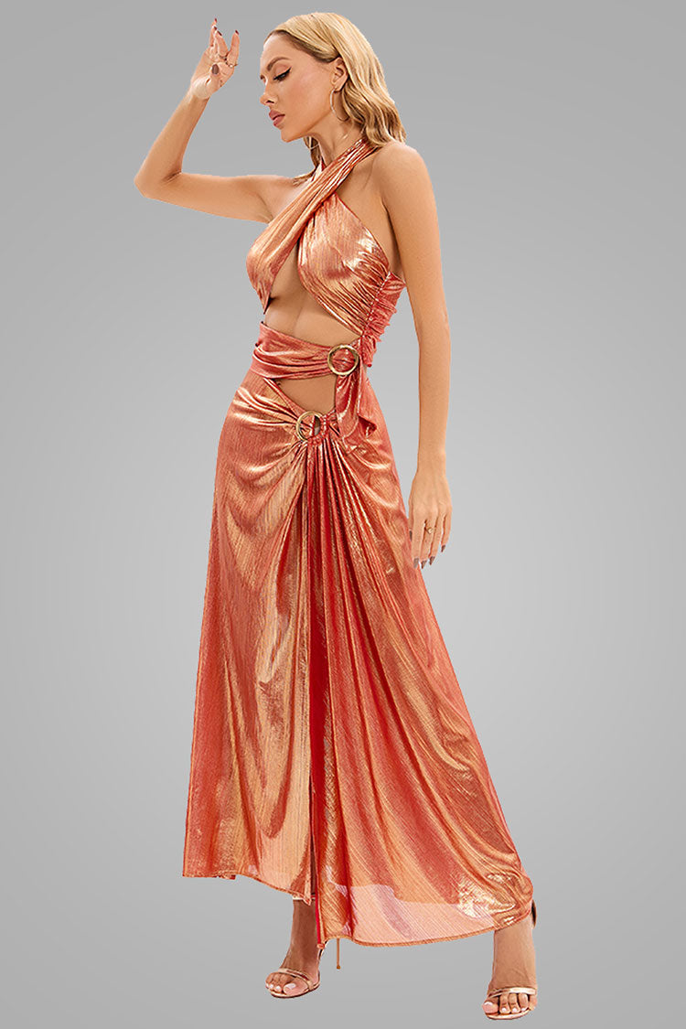 Metallic Halter Neck Buckle Trim Cutout Split Maxi Dress - Rose Gold - View 2