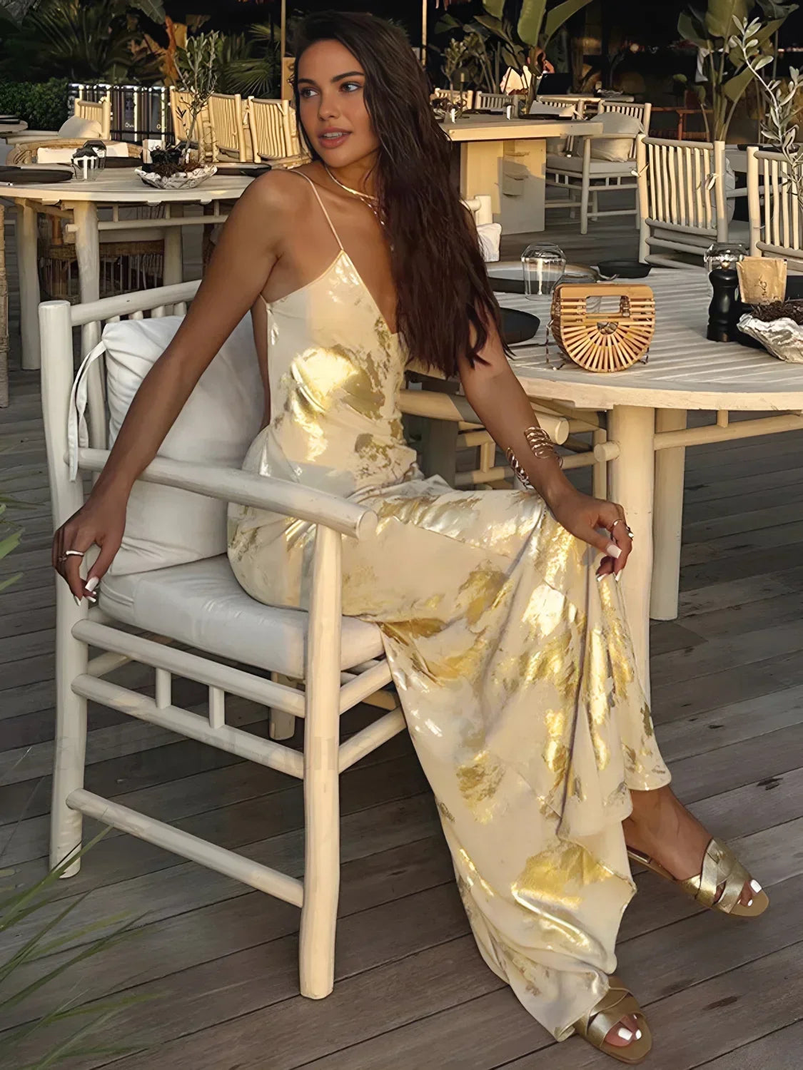 Metallic Print V Neck Backless Slip Long Dress Gold / XS Dresses