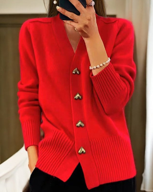V-Neck Button Front Ribbed Knit Cardigan 4
