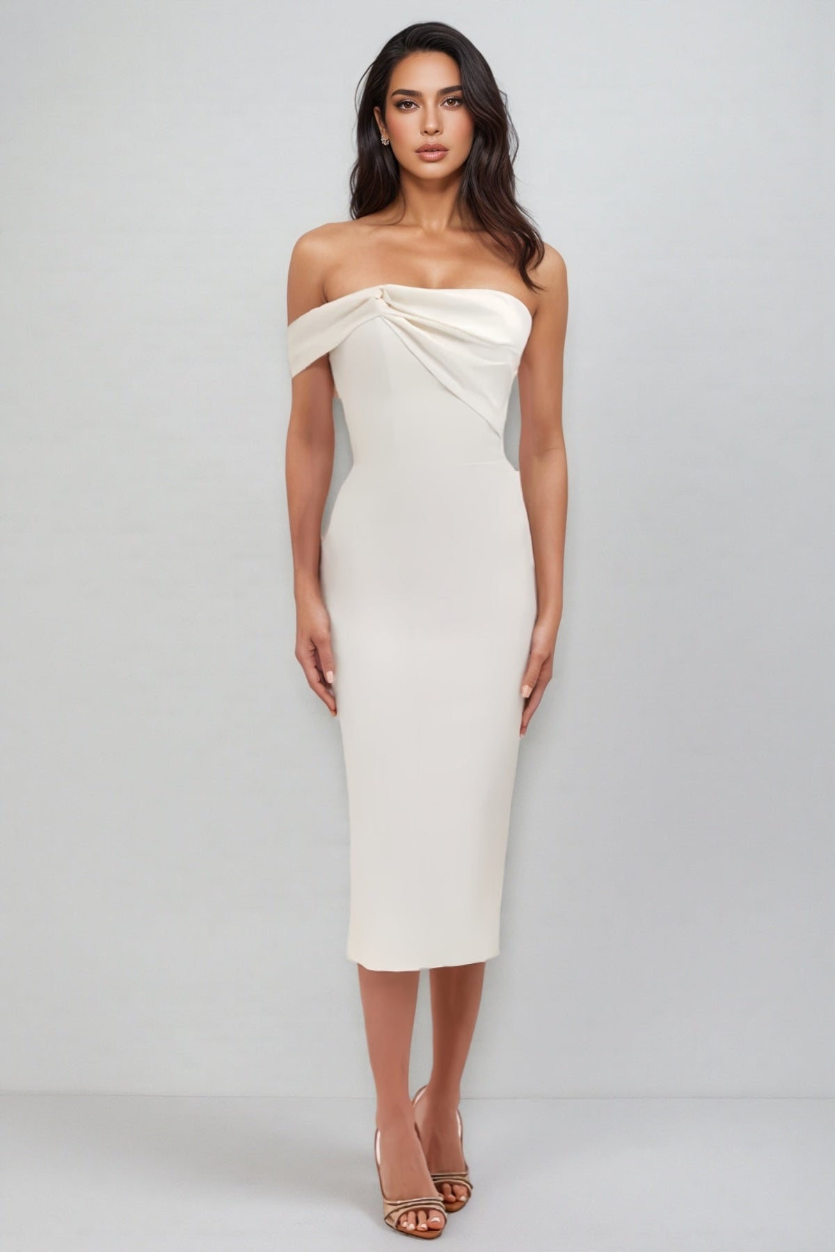 Off Shoulder Twist Front Draped Bodycon Midi Dress