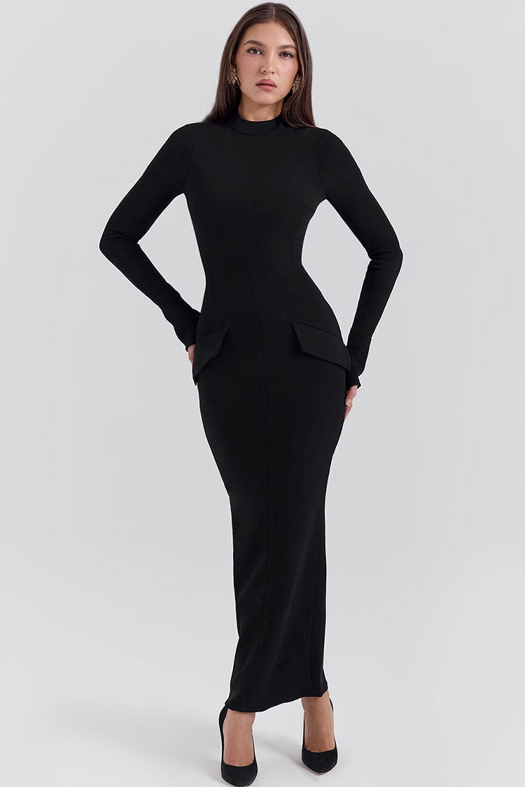 High Neck Long Sleeve Peplum Bodycon Maxi Dress - View 2